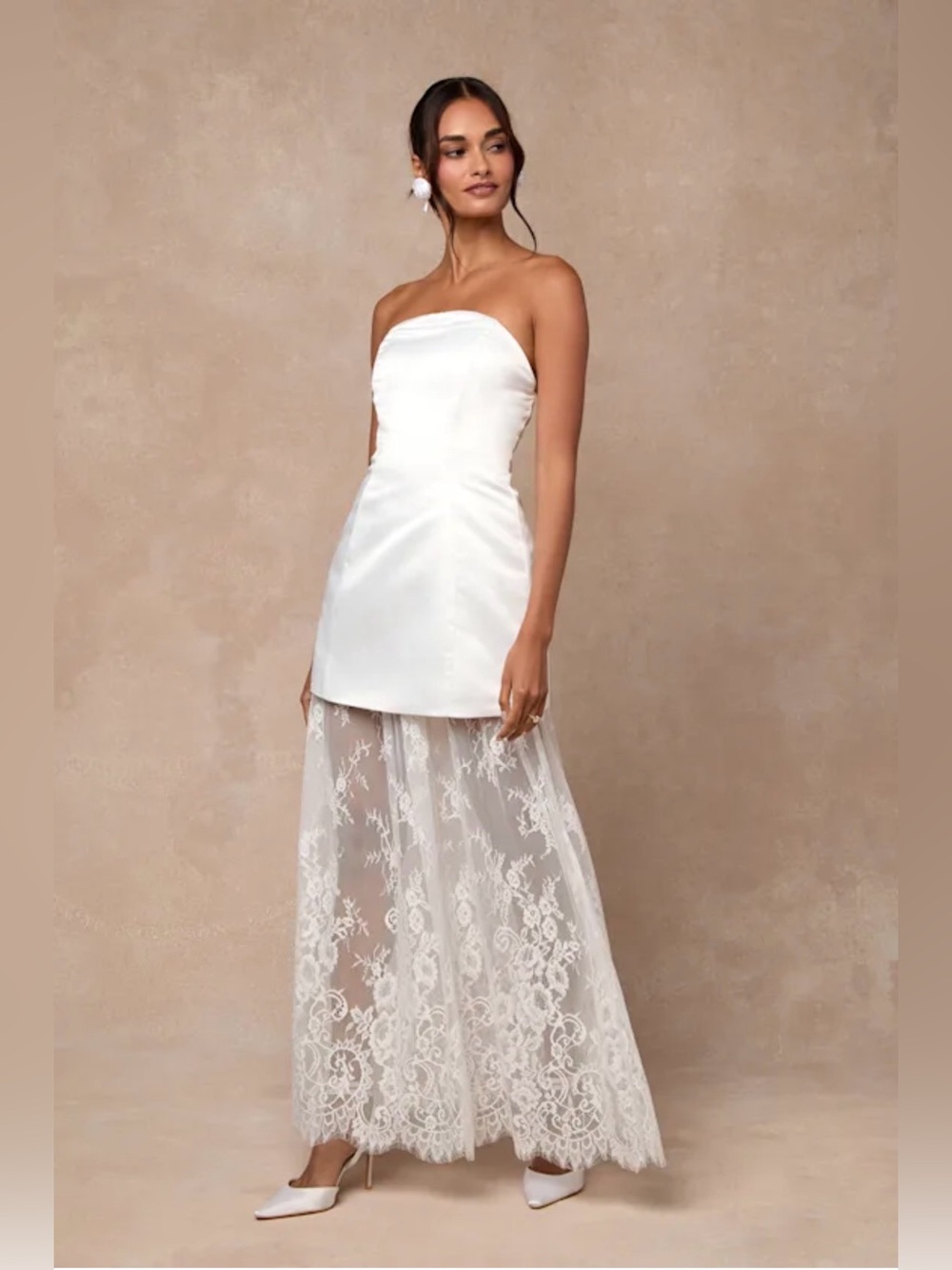 NWT Lulu's WINSLET White Satin Strapless Lace Bottom Wedding Dress Large